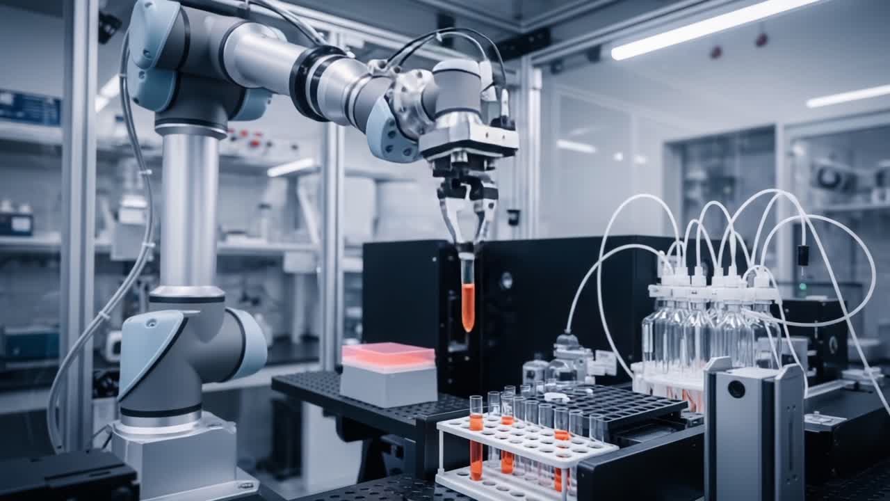 Advanced Robotic Arm Performing Precise Liquid Handling in a High-Tech Laboratory for Automated Sample Processing and Experimentation