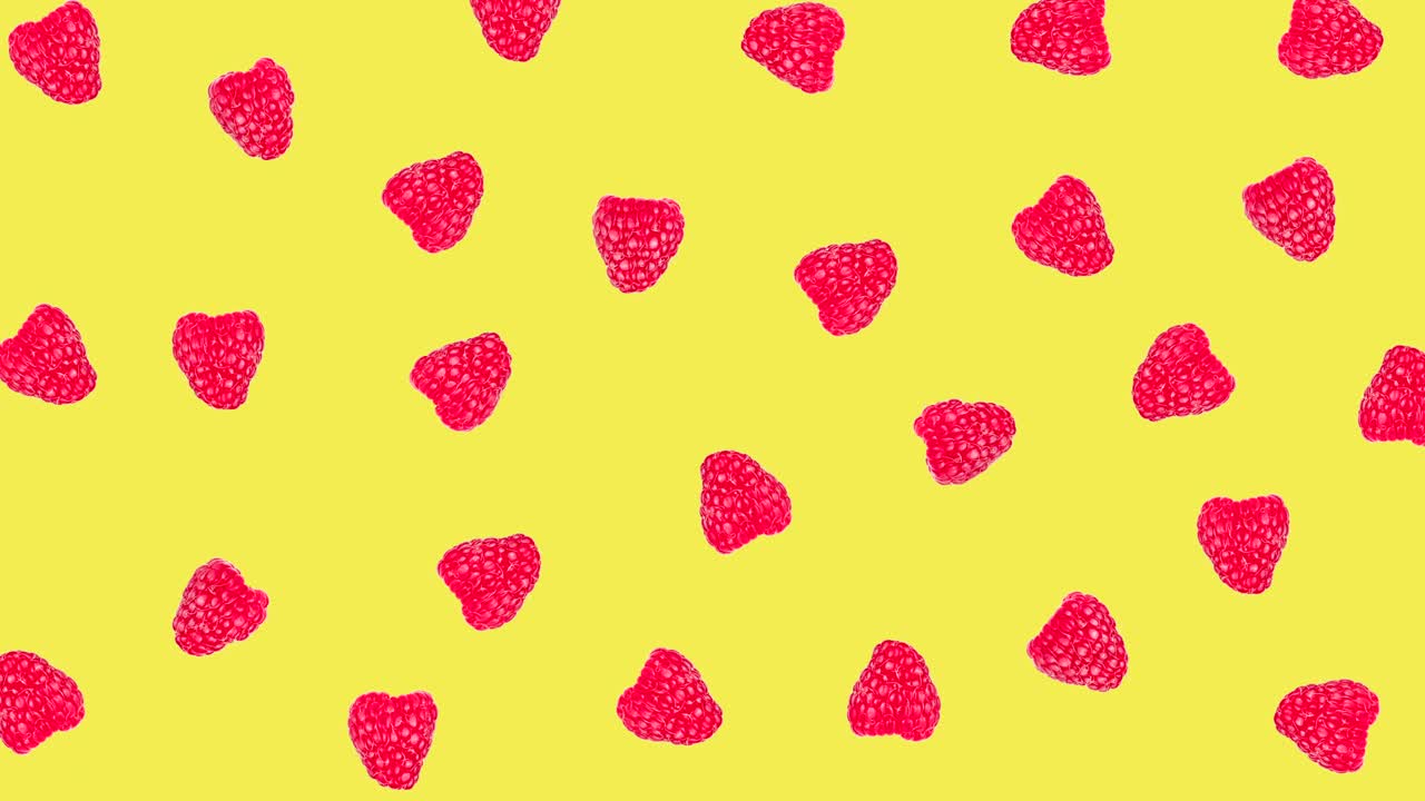 pattern with many fresh ripe raspberry wiggles on a bright yellow background close-up. seamless looping of realistic 3d food. minimal stop motion design art with copy space for text