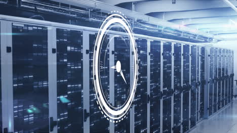 animation of ticking clock, light spot and mosaic squares against computer server room
