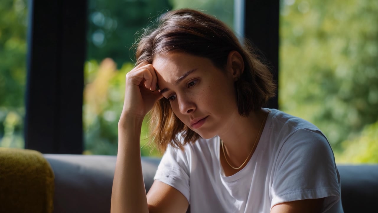 A contemplative moment: A woman reflects on her thoughts in a serene indoor setting, illuminated by soft natural light coming through large windows.