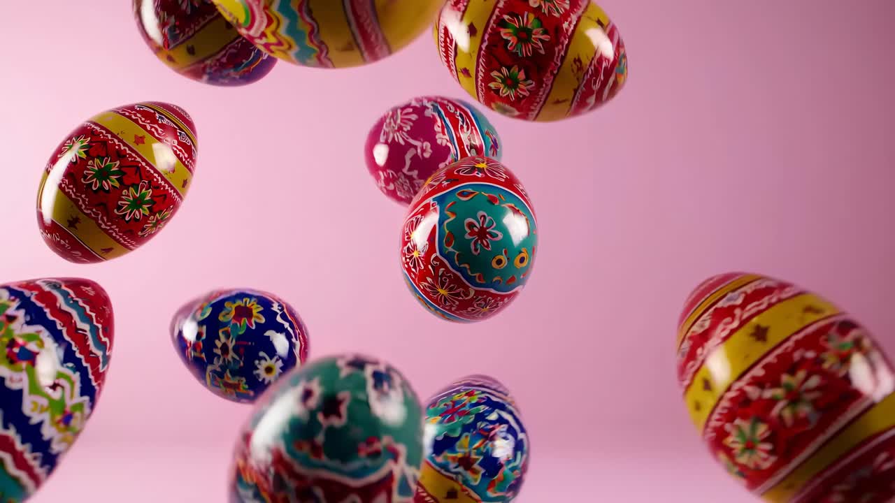 Colorful Easter eggs with intricate patterns float mid-air against a pink backdrop