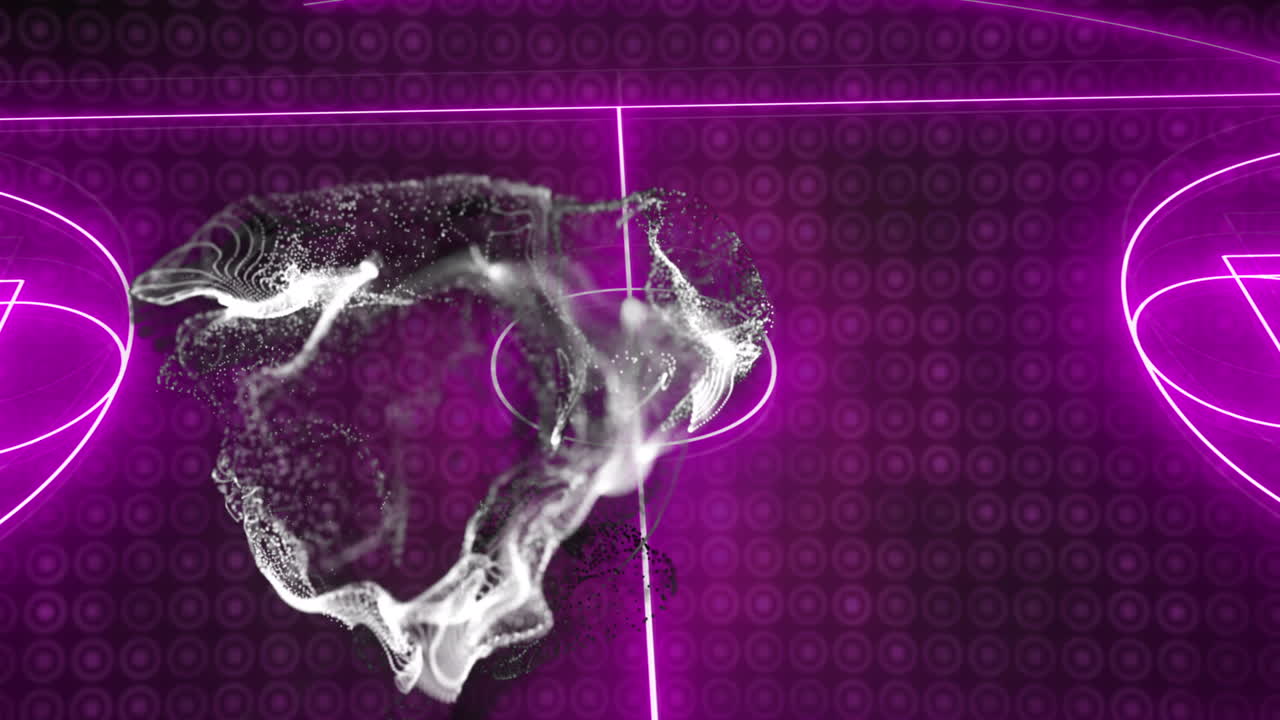 animación de onda digital gris sobre diseño de campo de fútbol púrpura de neón contra fondo negro