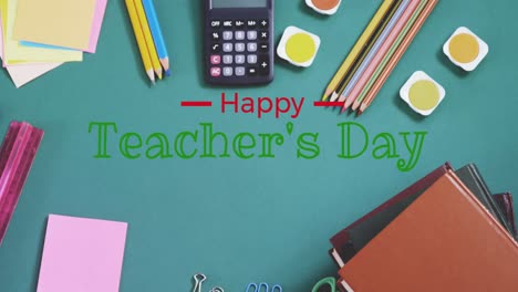 Animation-of-happy-teachers-day-text-over-school-items