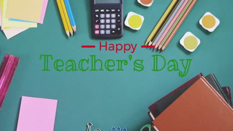 animation of happy teachers day text over school items