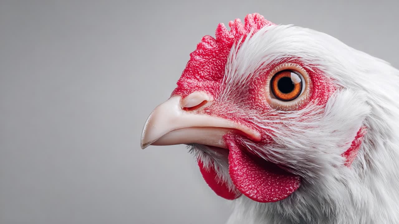 Retrato en Primer Plano de un Gallo Distintivo con Cresta Roja Vibrante y Llamativos Ojos Marrones sobre un Fondo Neutro