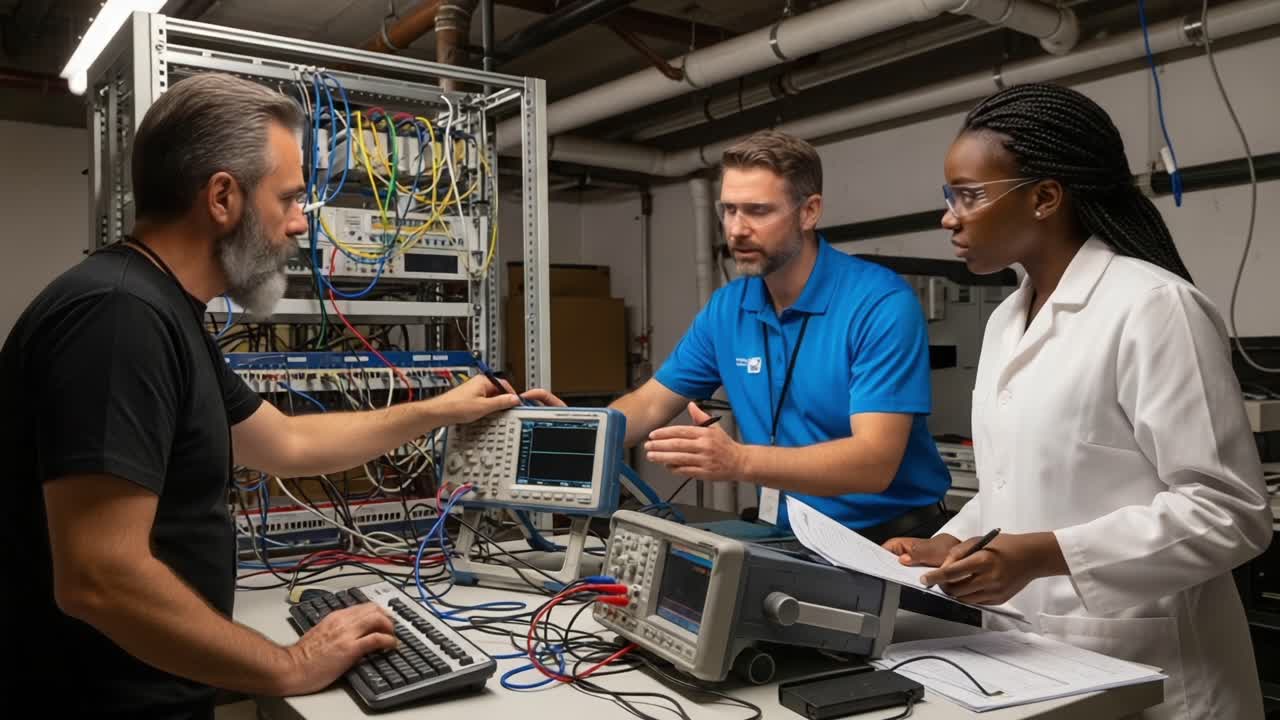 Collaborative Technical Setup: A Team of Professionals Engaged in Advanced Networking and Equipment Testing in a Modern Laboratory Environment