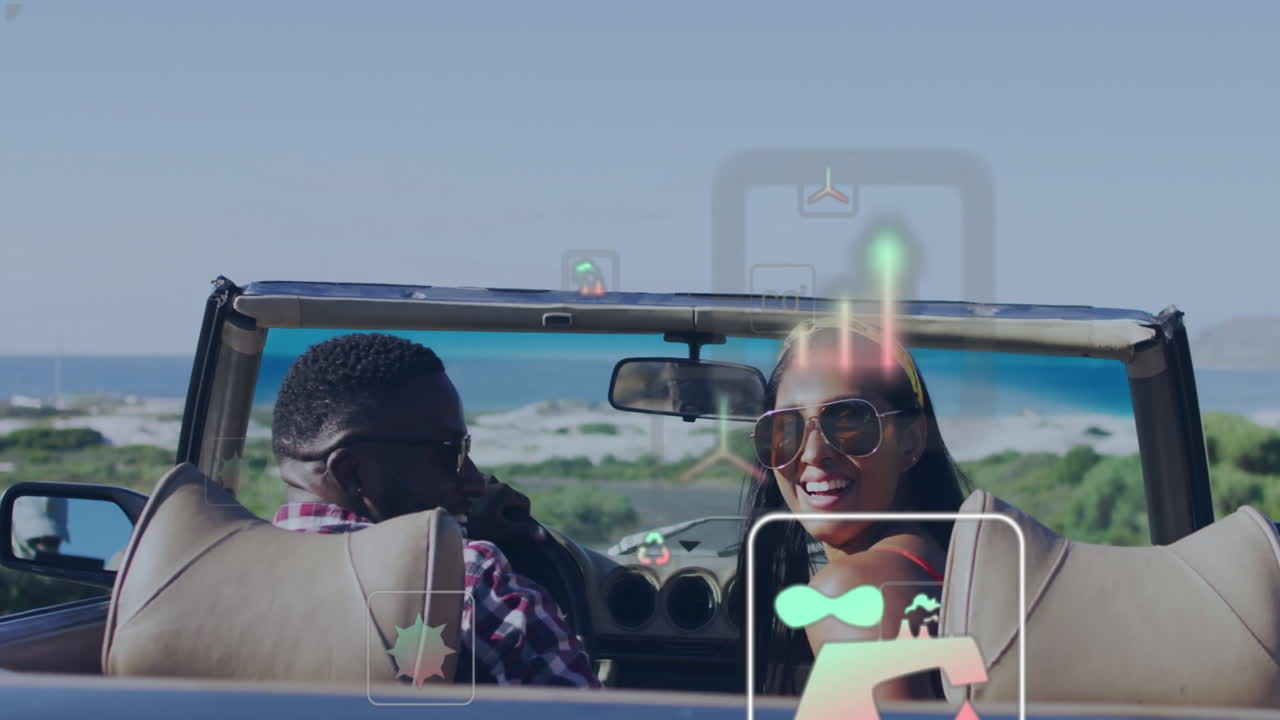 해변에서 카브로를 운전하는 커플, 여행 애니메이션으로 휴가를 즐기는 커플