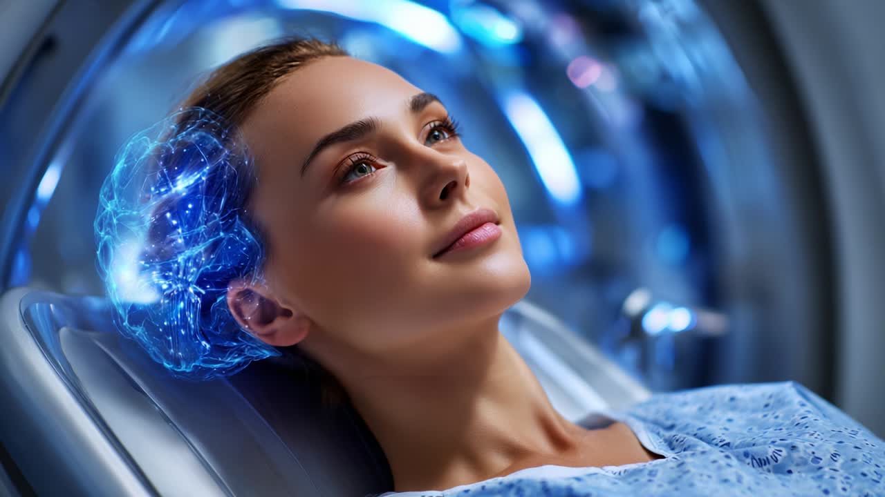 A young woman experiences the fusion of technology and neuroscience as she undergoes an advanced therapy session, showcasing the intricate relationship between human cognition and artificial intelligence
