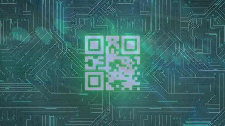 Animation von Mikroprozessorverbindungen über Neon-QR-Code vor grünem Hintergrund.