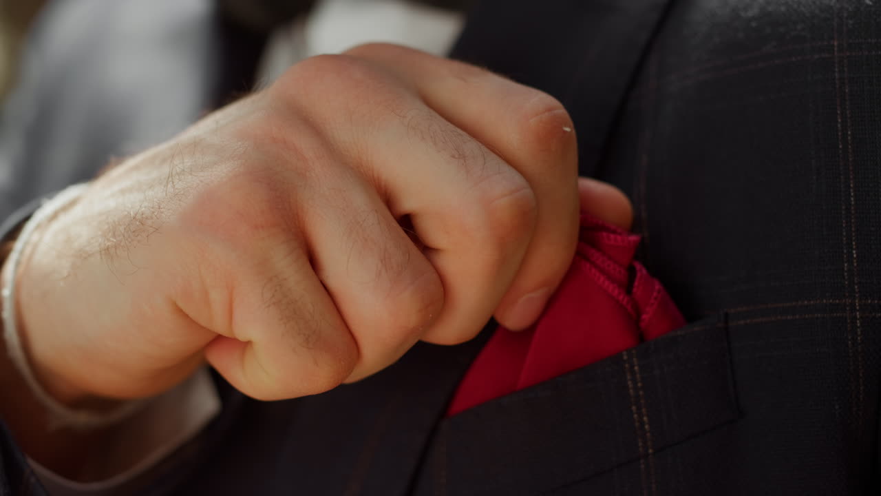 알아보기 힘든 남자가 손수건을 만지고, 남자의 손이 행사를 준비하고 있습니다.