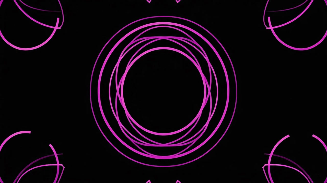 Abstracte roze neoncirkels roterend op een zwarte achtergrond