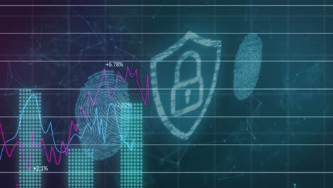 animación del icono del candado y procesamiento de datos financieros sobre huellas dactilares biométricas