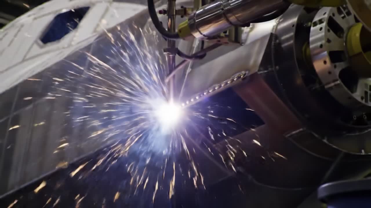 Dynamic Close-Up of Precision Welding Process on High-Performance Aerospace Component Featuring Intense Sparks and Robotic Arm Technology