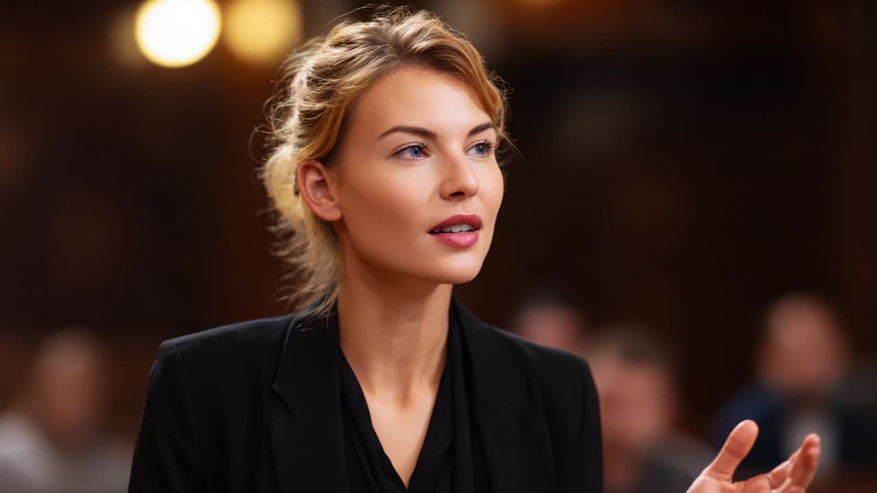 A confident female speaker engaging an audience with eloquent expressions, marked by focus and poise in a professional setting that showcases her determination, clarity of thoughts, and passionate oratory skills