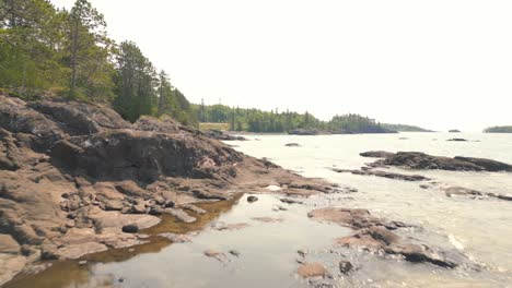 scenic rocky shoreline with lush forest and clear water