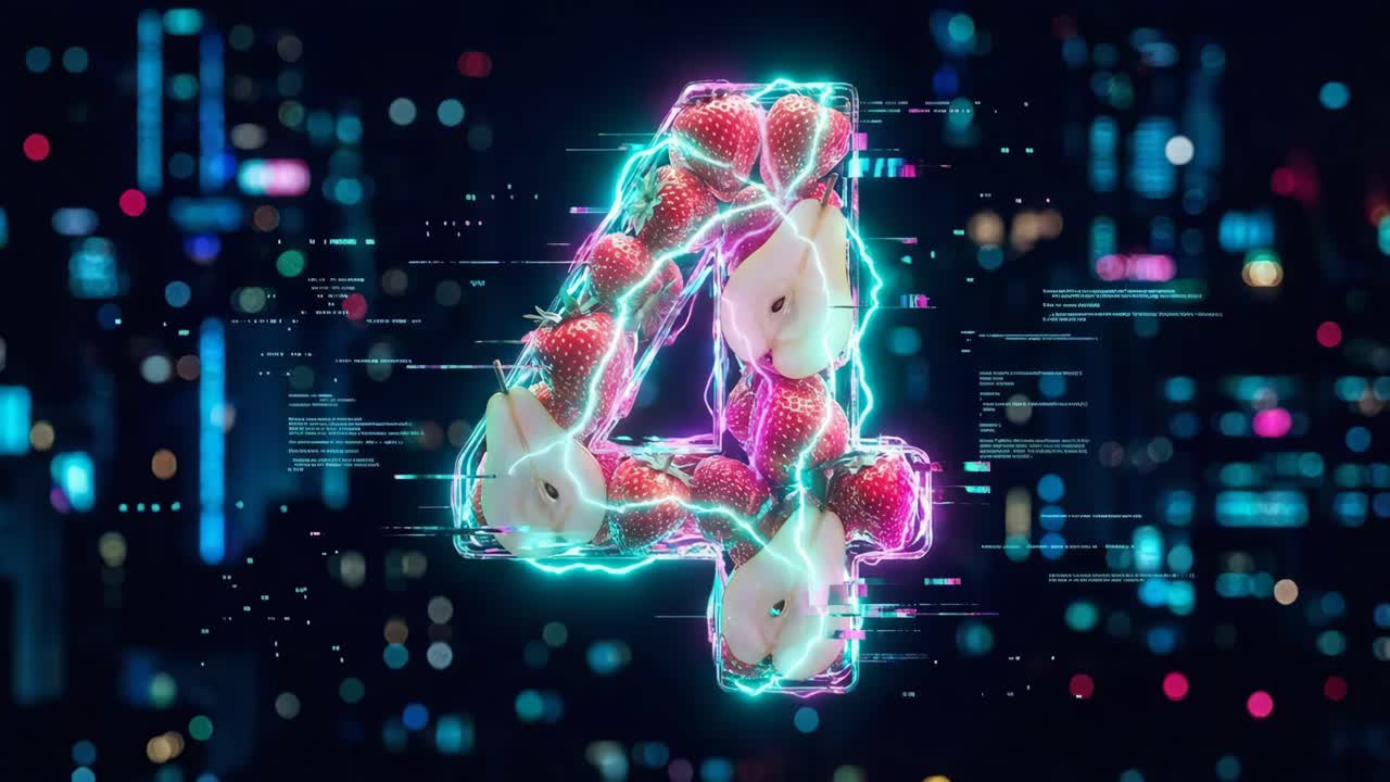 Numero 4 fatto di fragole e pere con effetti neon e fulmini