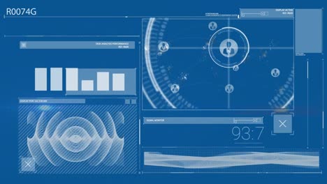 animation of financial data processing on blue background