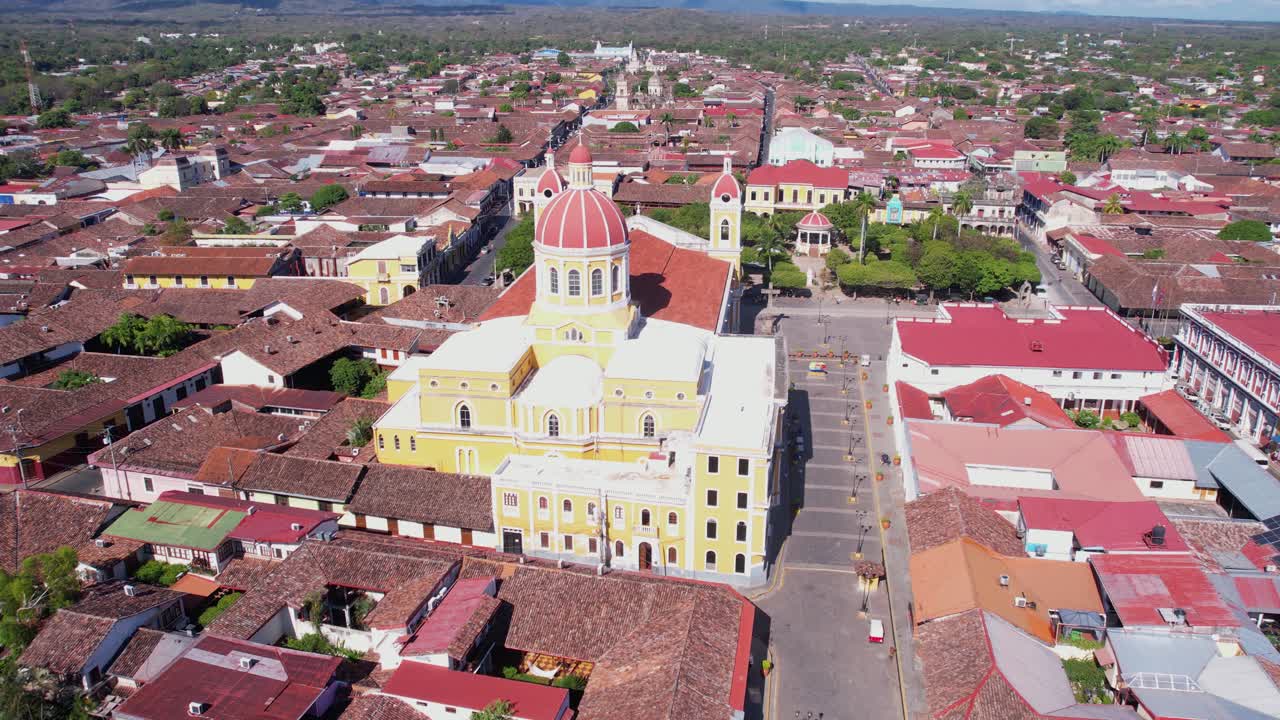 Drone Shot of Cathedral and Downtown Park in Granada, Nicaragua