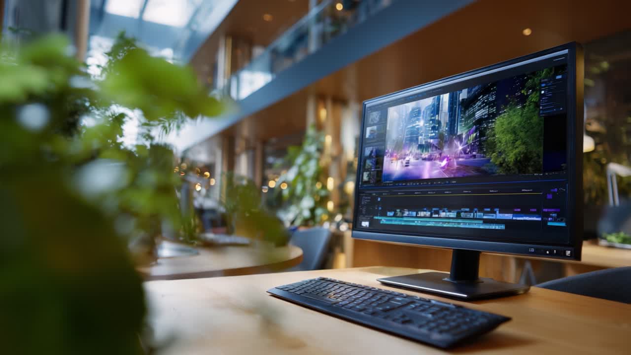 Stazione di montaggio high-tech che mostra un software di editor di video in uno spazio di lavoro contemporaneo circondato da una vegetazione lussureggiante ed elementi di design moderni