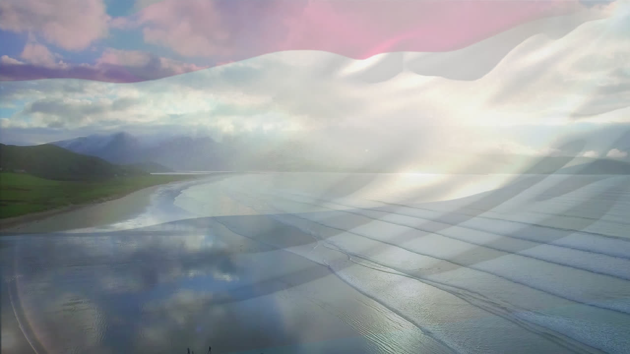 해변 해양 풍경 위에서 날아다니는 네덜란드 국기의 애니메이션