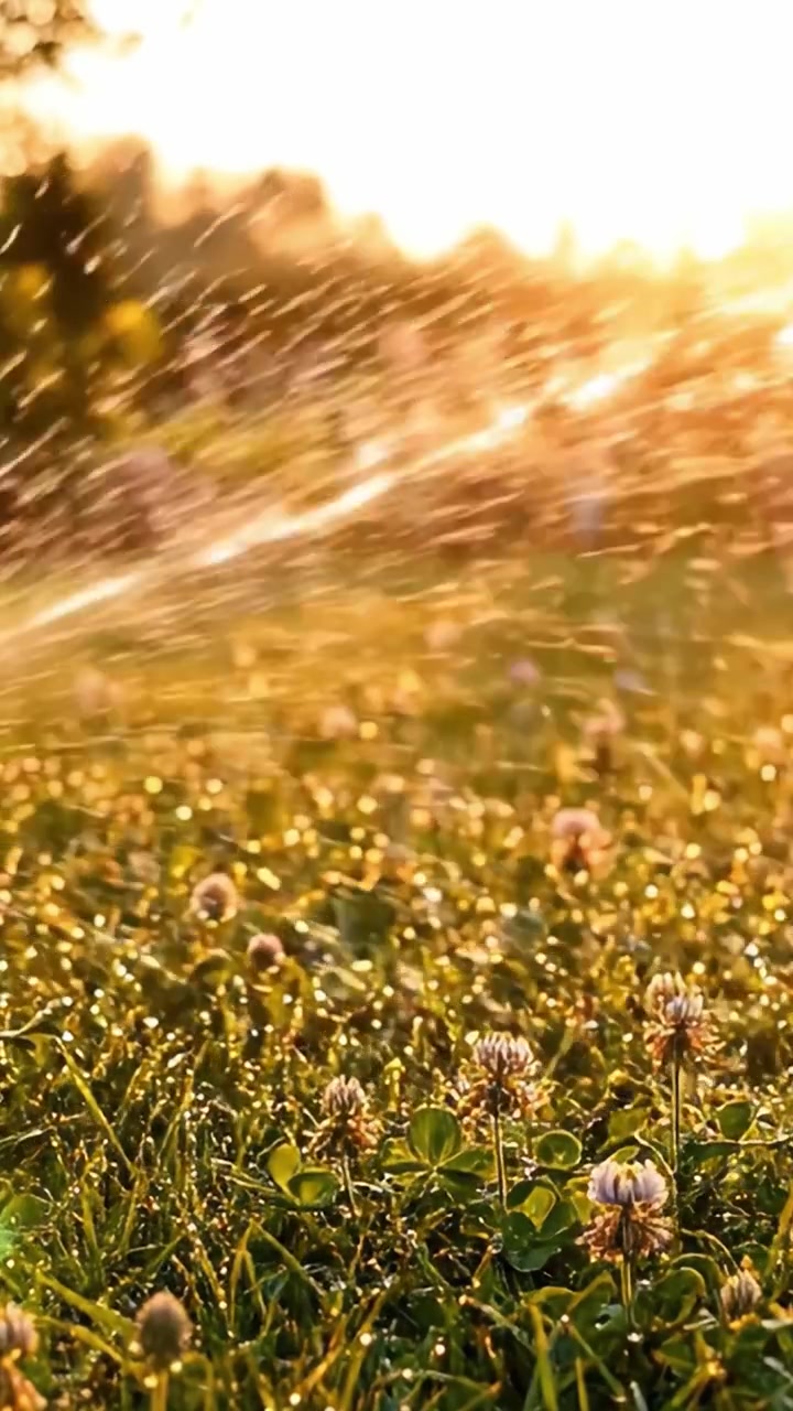 Vivace bagliore serale: acqua che spruzza su erba verde lussureggiante e fiori delicati durante un tramonto soleggiato in un'ambientazione esterna pacifica.