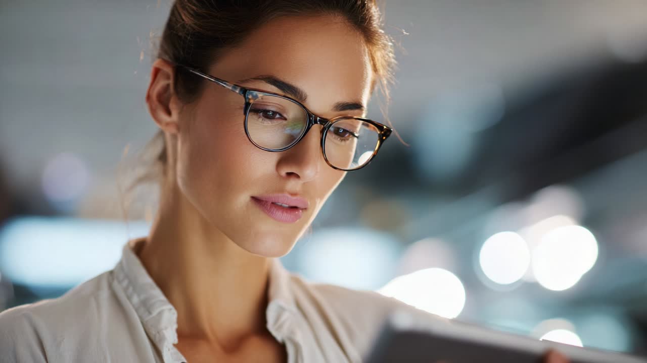 Donna impegnata che analizza i dati su un tablet, catturando l'essenza dell'uso della tecnologia moderna e della concentrazione per migliorare la produttività in un ambiente di lavoro contemporaneo