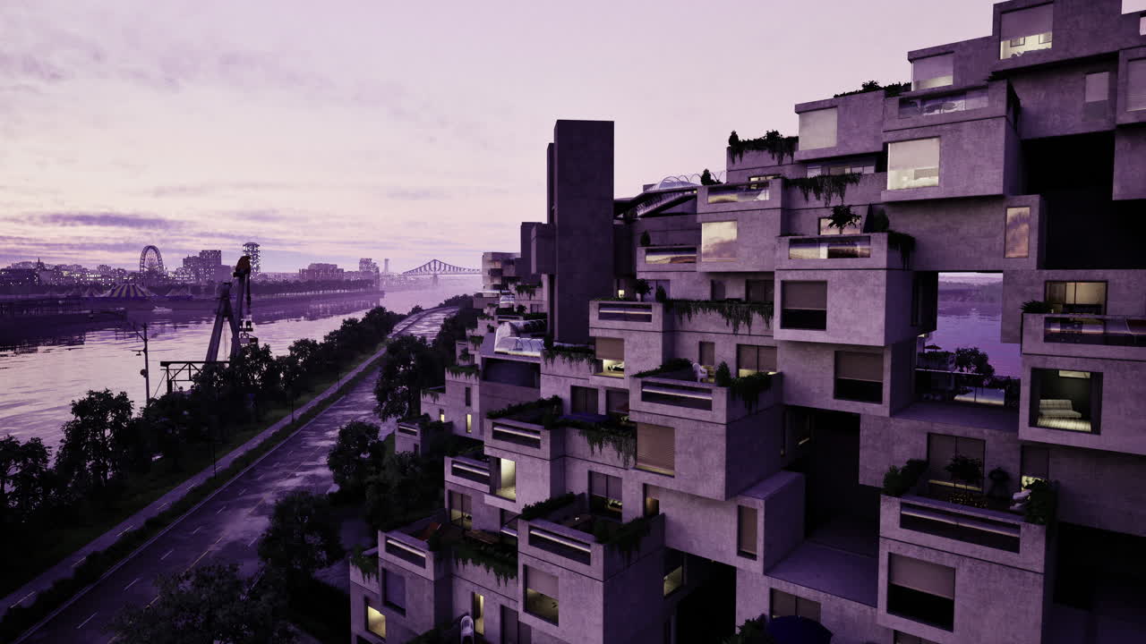 Modern architecture along riverfront at dusk with urban landscape