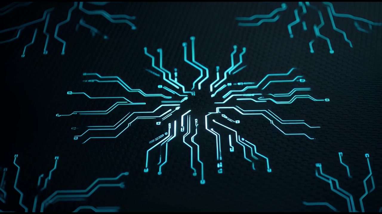 Glowing Digital Circuit Board Pattern Pulsing on Dark Background
