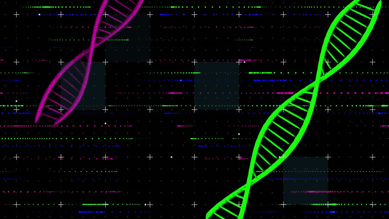 Colorful digital coding animation of DNA strands on black background