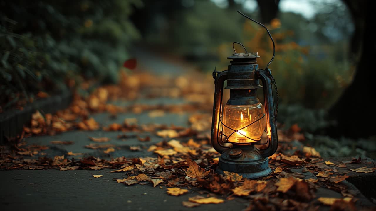 A Tranquil Autumn Evening: An Antique Lantern Illuminates a Leaf-Strewn Pathway in a Serene Natural Setting