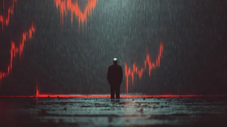 Nel bel mezzo di un diluvio digitale, una figura solitaria si erge di fronte a un grafico fluttuante, a simboleggiare la natura volatile del mercato e le emozioni dei trader che affrontano l'incertezza
