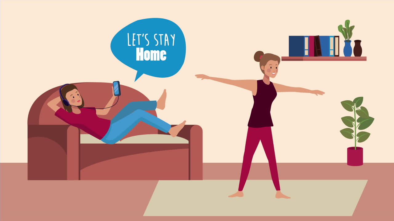 거실에 있는 여성들과 함께 집에 머무르기 캠페인