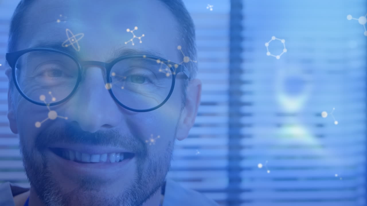 animación de moléculas que caen y procesamiento de datos sobre los hombres