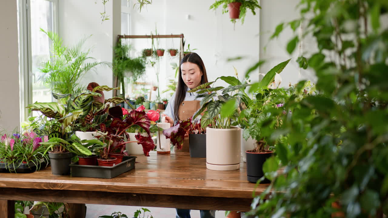 식물 가게 에서 식물 에 물 을 주고 있는 여자