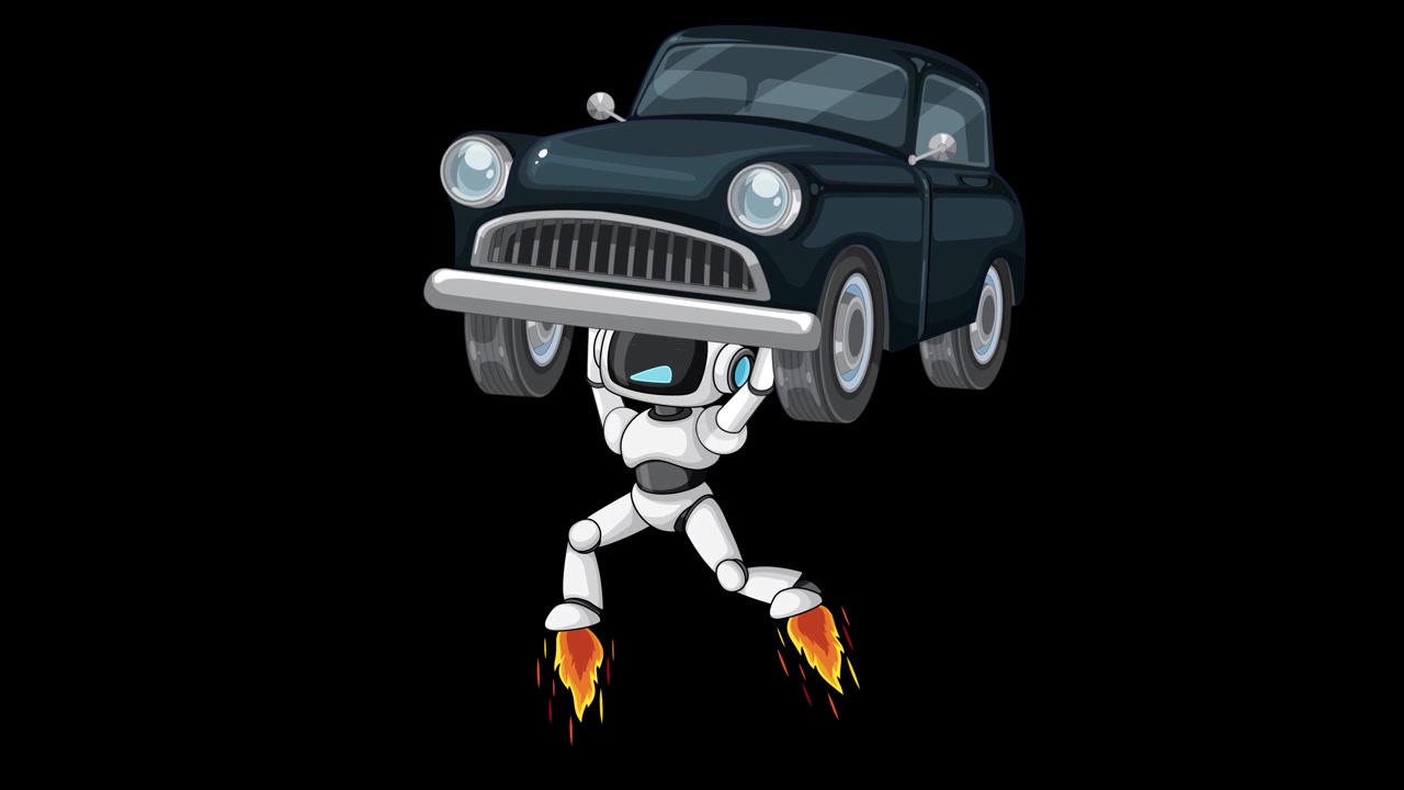 Robot dei cartoni animati usa un jetpack per sollevare un'auto d'epoca, quindi la rilascia, su sfondo nero