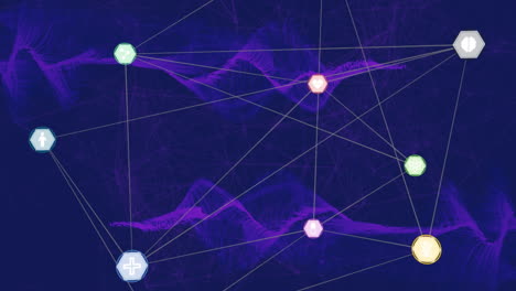 red de iconos digitales contra ondas digitales púrpuras en fondo azul