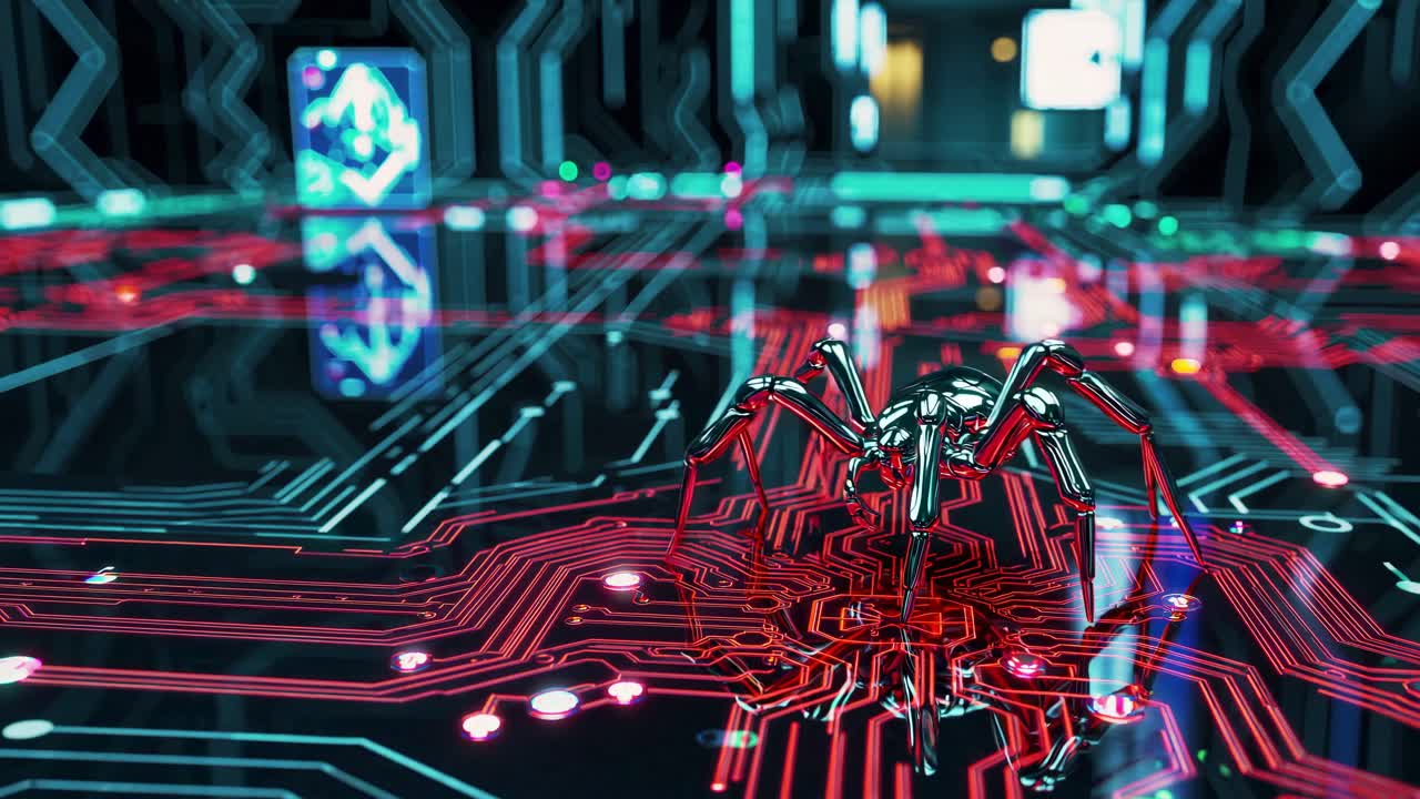 Cybersecurity Threat - 3D Render of Spider Bot on Circuit Board