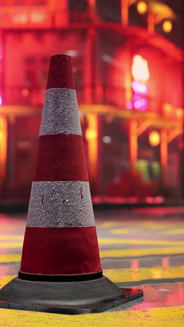 a red and white traffic cone stands in the middle of a street at night, with a neon sign and other lights in the background.