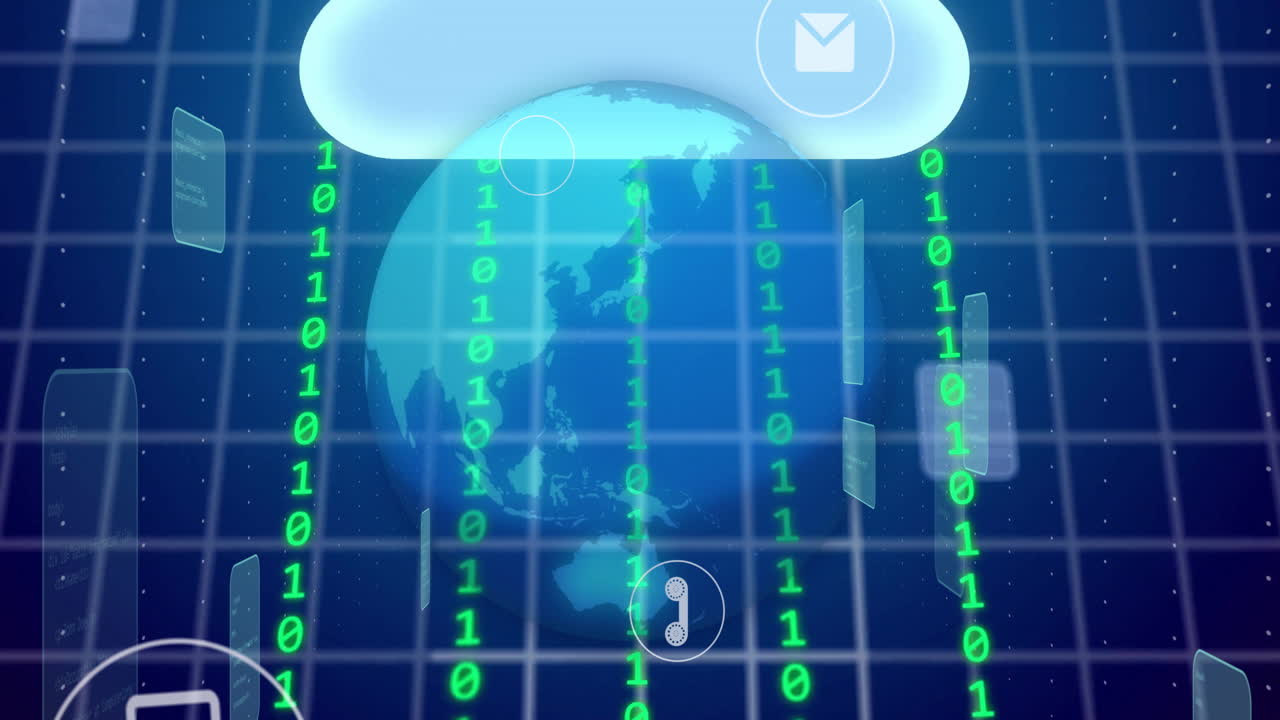 바이너리 코드 및 클라우드 컴퓨팅 아이콘 애니메이션 전 세계 및 그리드 배경