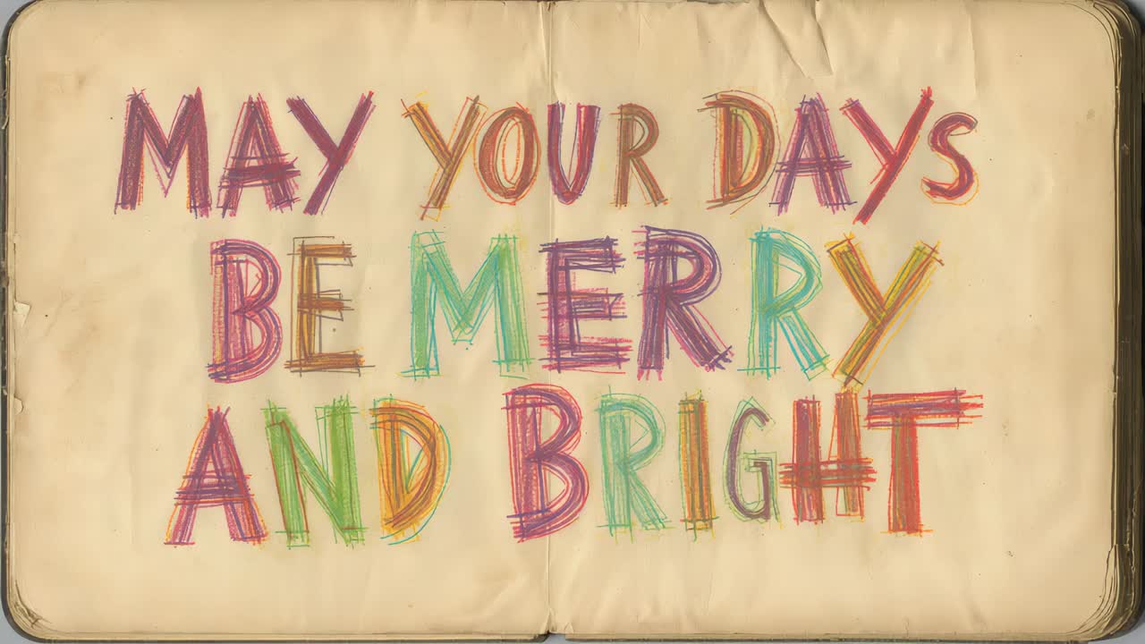 Moving camera tightening over sketchbook spread, highlighting colorful lettering and center seam