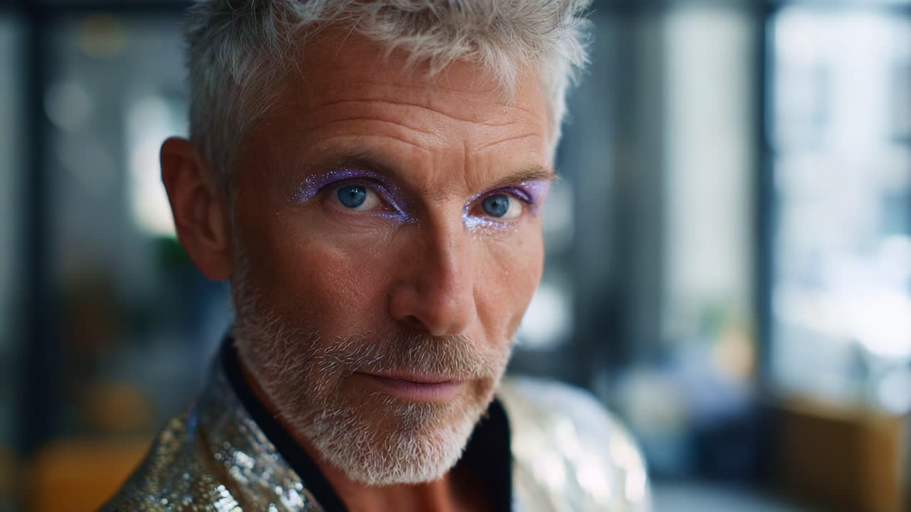 Slående nærbillede af en fashionabel person, der viser livlig makeup og glitrende beklædning, udstråler selvtillid og individualitet i en moderne setting