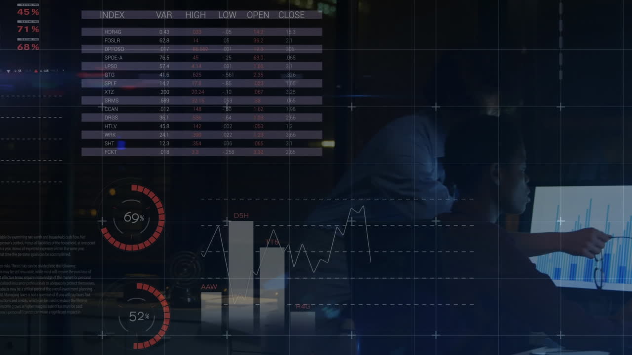 Animation of statistical data processing over diverse man and woman working late at office
