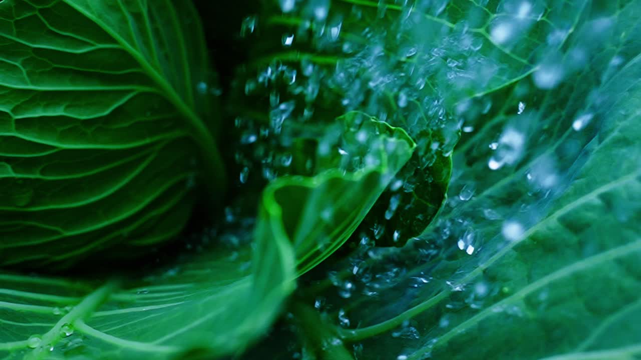 Primo piano di goccioline d'acqua che schizzano su foglie di cavolo verde fresche