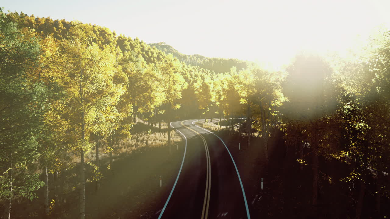 Scenic road winding through vibrant autumn foliage at golden hour
