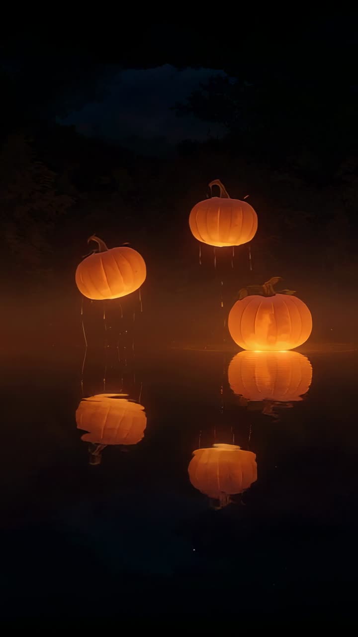 Vertical video: Droplets falling causing pumpkins bobbing drifting on foggy lake creating ripples