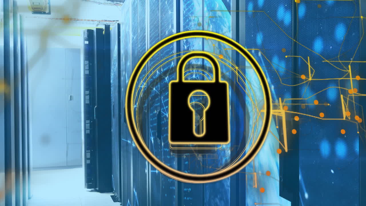 Animation of padlock icon, digital data processing over computer servers