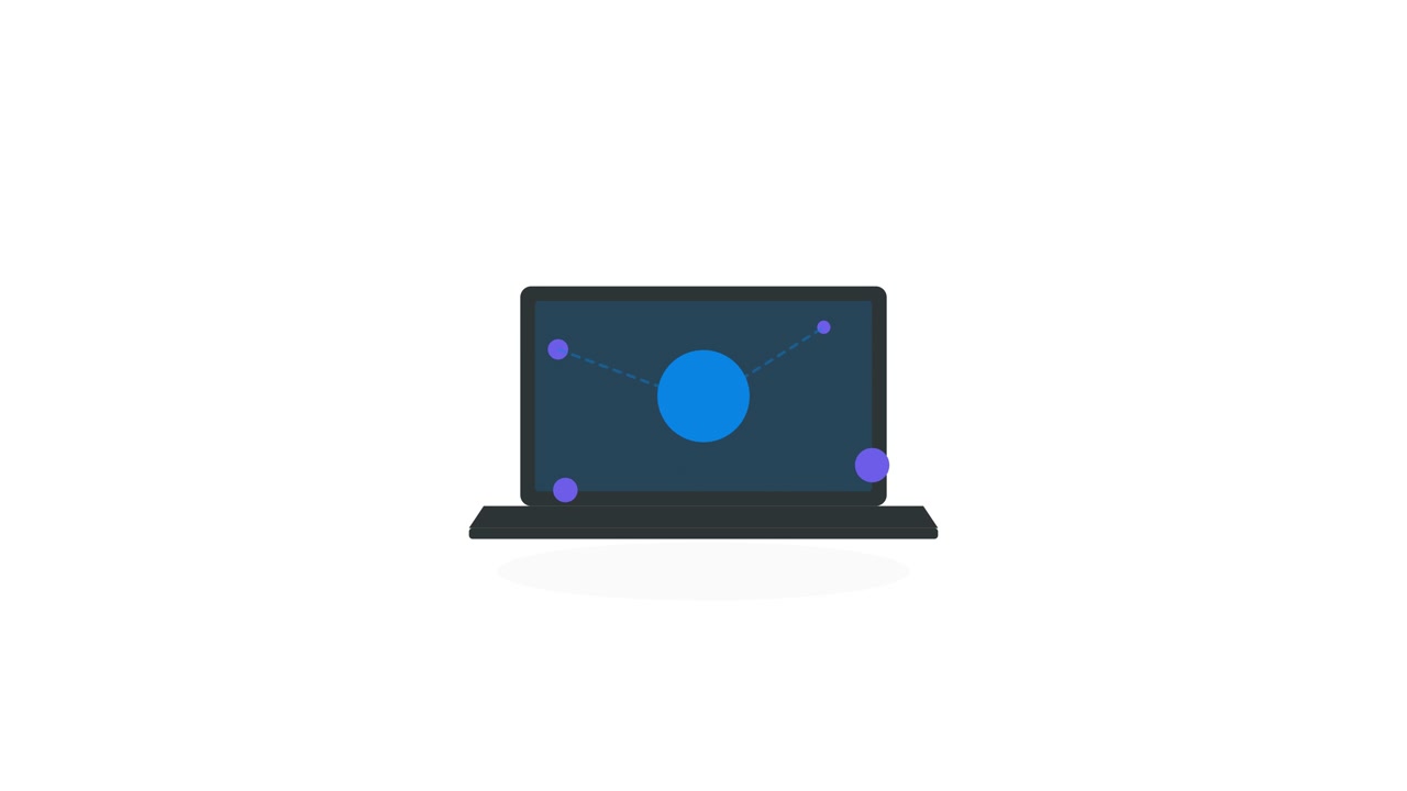 Animierter Laptop, der Netzwerkverbindung und Datenknoten anzeigt