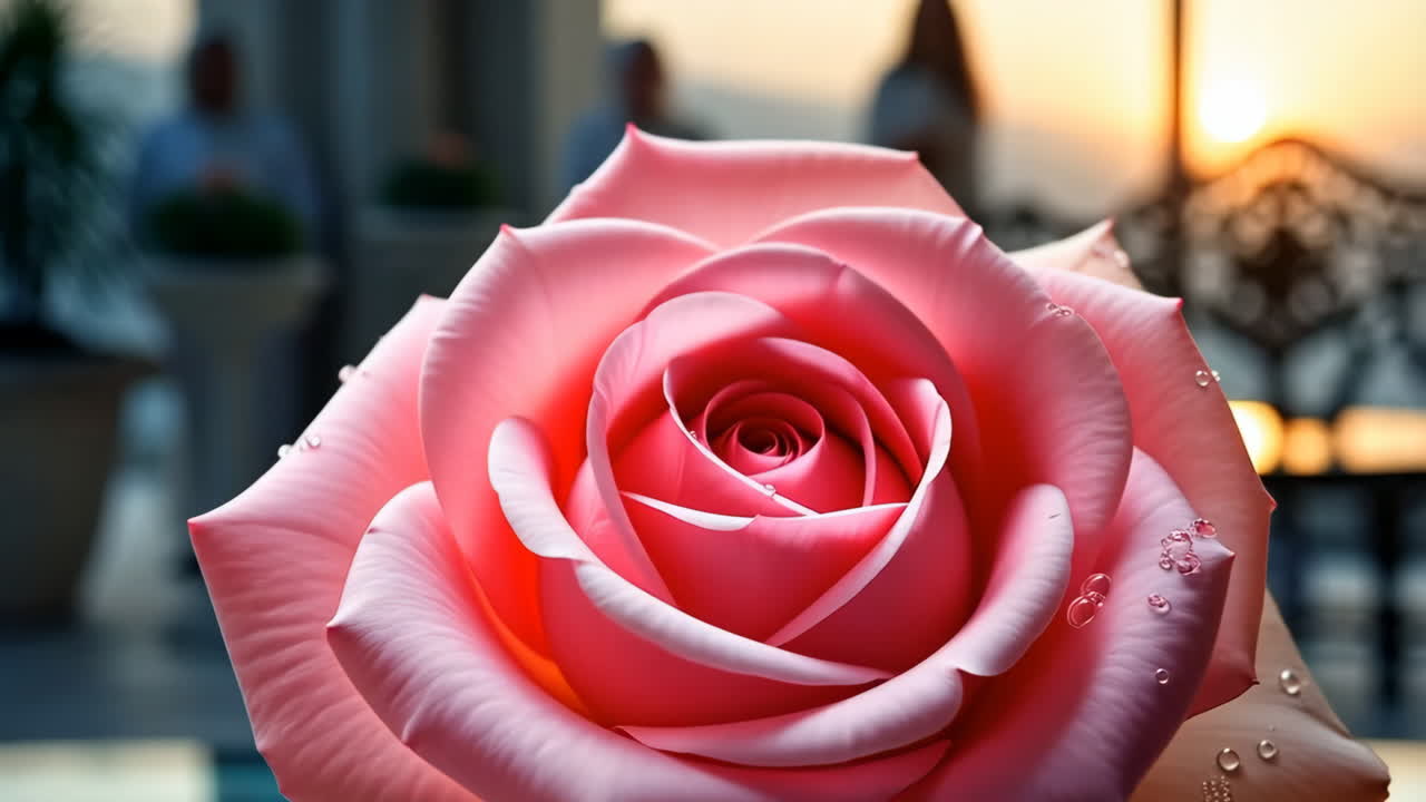 Primo piano di una rosa rosa con goccioline d'acqua al tramonto