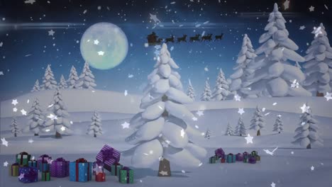 Animation-of-winter-scenery-with-presents-and-santa-claus-in-sleigh