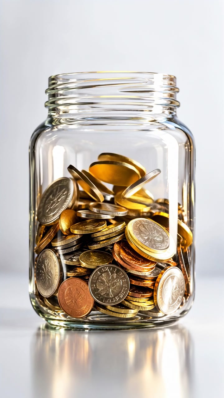Coins descend through open jar mouth, bounce across stacked currency pieces, then come to rest as pile rises inside clear container under bright lighting with soft reflections.